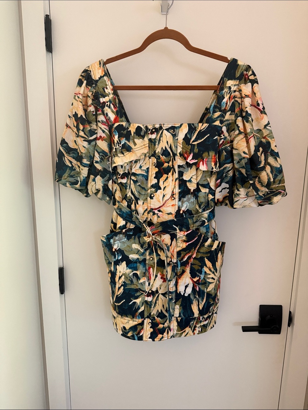 Acler Floral Puff-Sleeve Square-Neck Tunic - Navy, Cream, Green